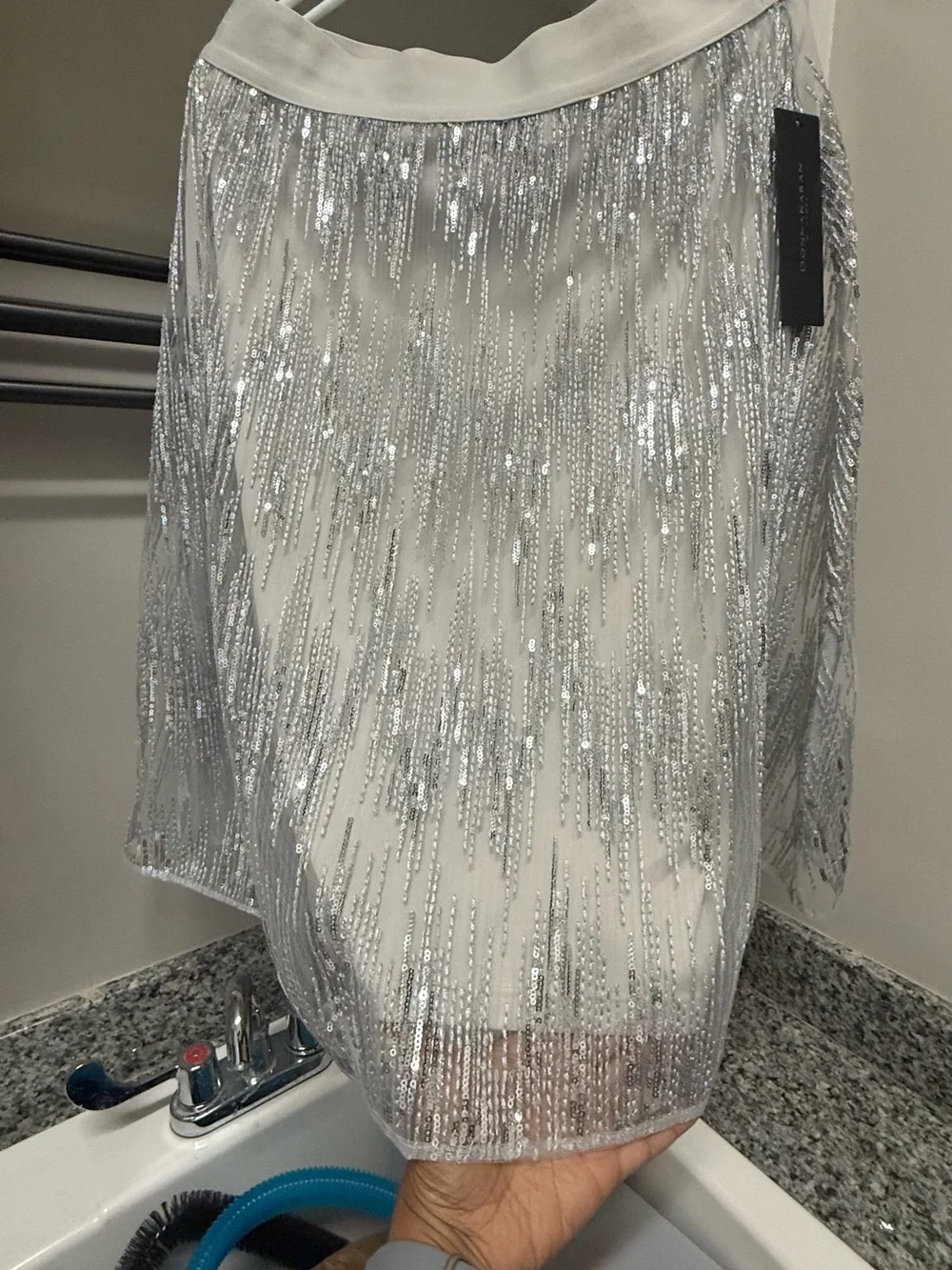 NWT Donna Karan Silver Sequin Fringe Skirt